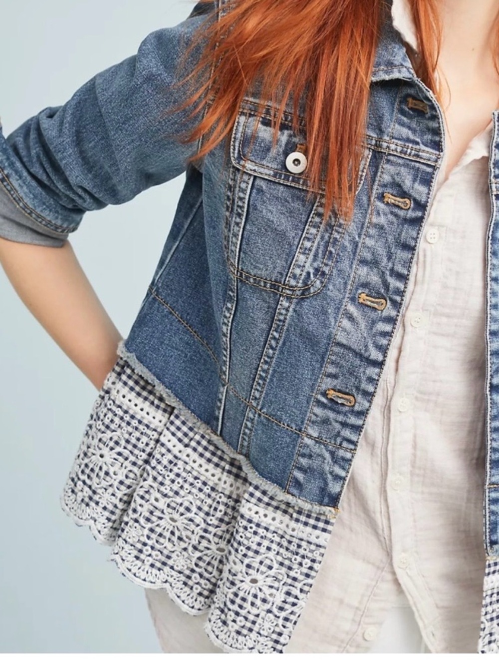 ANTHROPOLOGIE Pilcro Gingham Denim Eyelet Jean Jacket